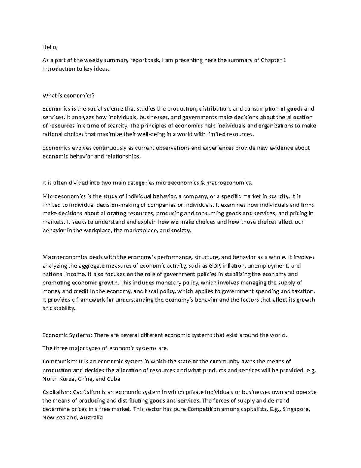 Business Economics Report Week 1 - Hello, As a part of the weekly ...