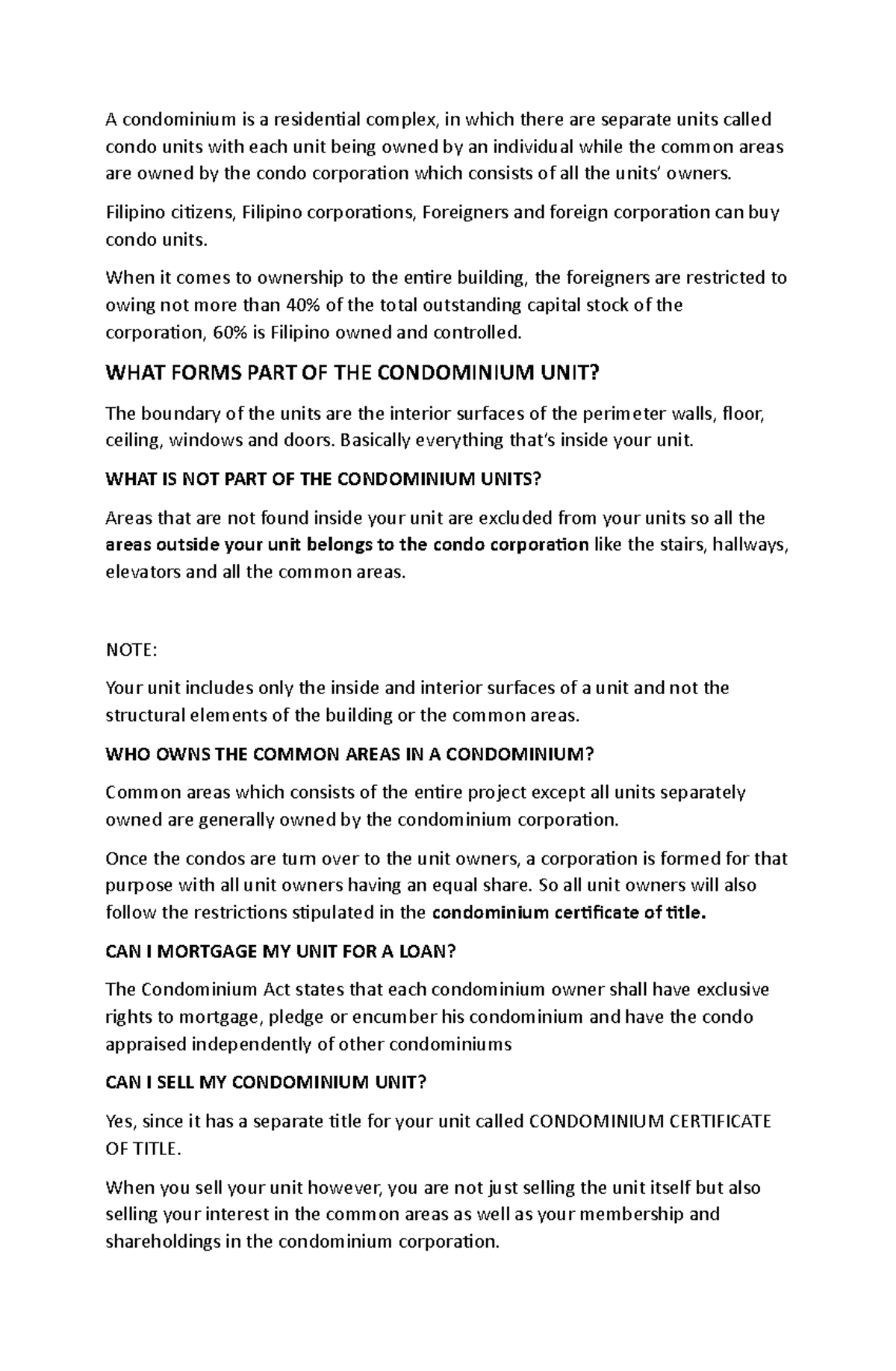 Condominium Act - Reading Material - A condominium is a residential ...