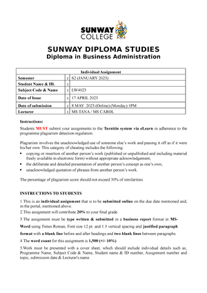 Sem 1 Business Individual Assignment - SUNWAY DIPLOMA STUDIES Diploma ...