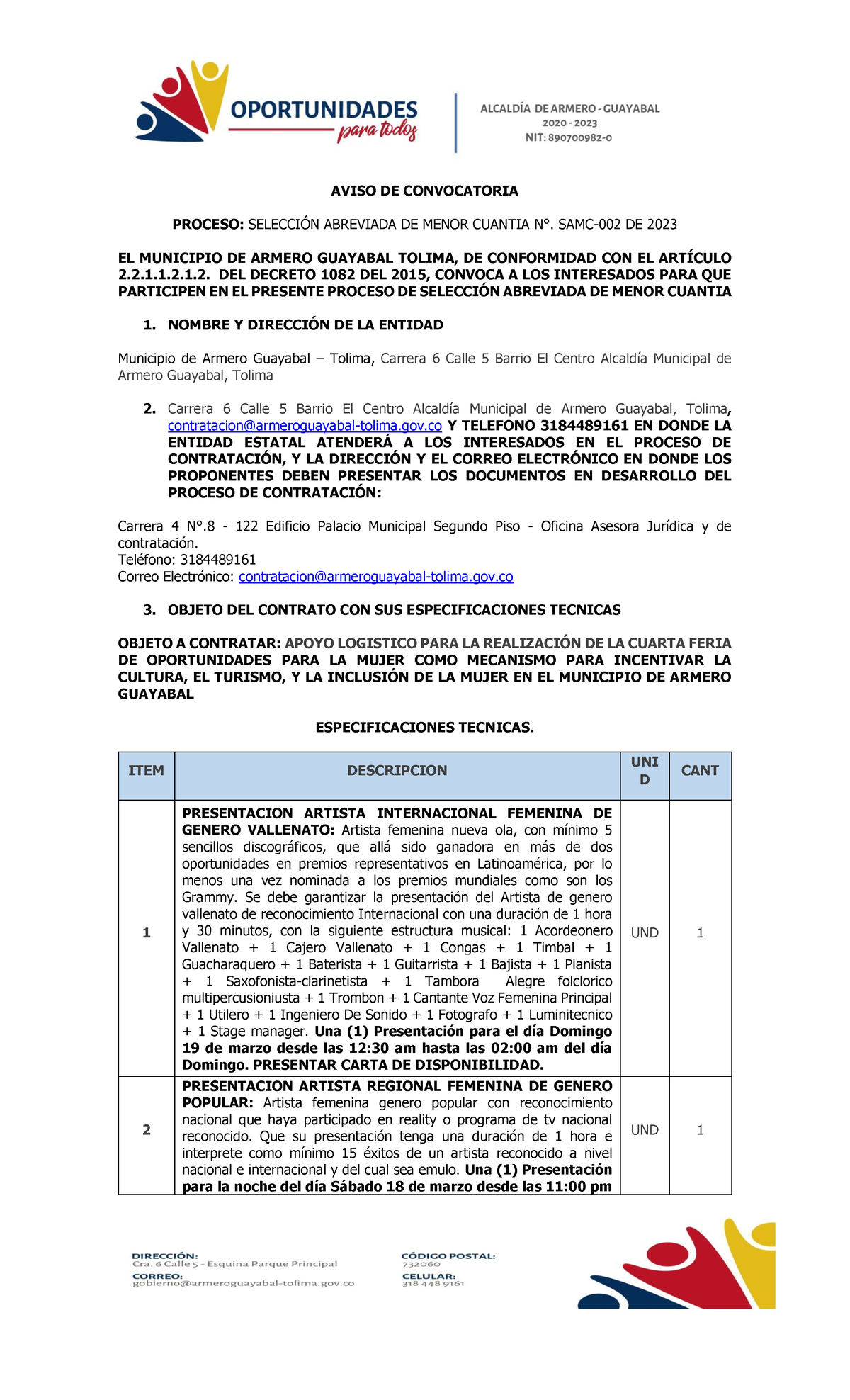 Aviso Samc 002 2023 Ok Aviso De Convocatoria Proceso SelecciÓn Abreviada De Menor Cuantia N 8138