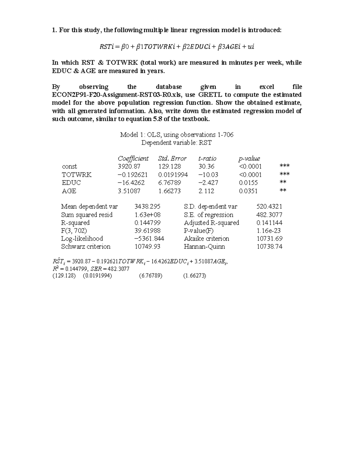 Assignment 3 - 1. For this study, the following multiple linear ...