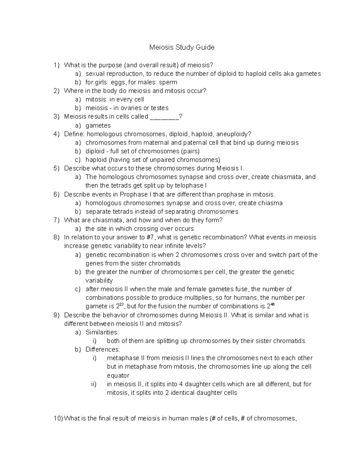 Meiosis Study Guide - Lecture notes 1 - Meiosis Study Guide What is the ...