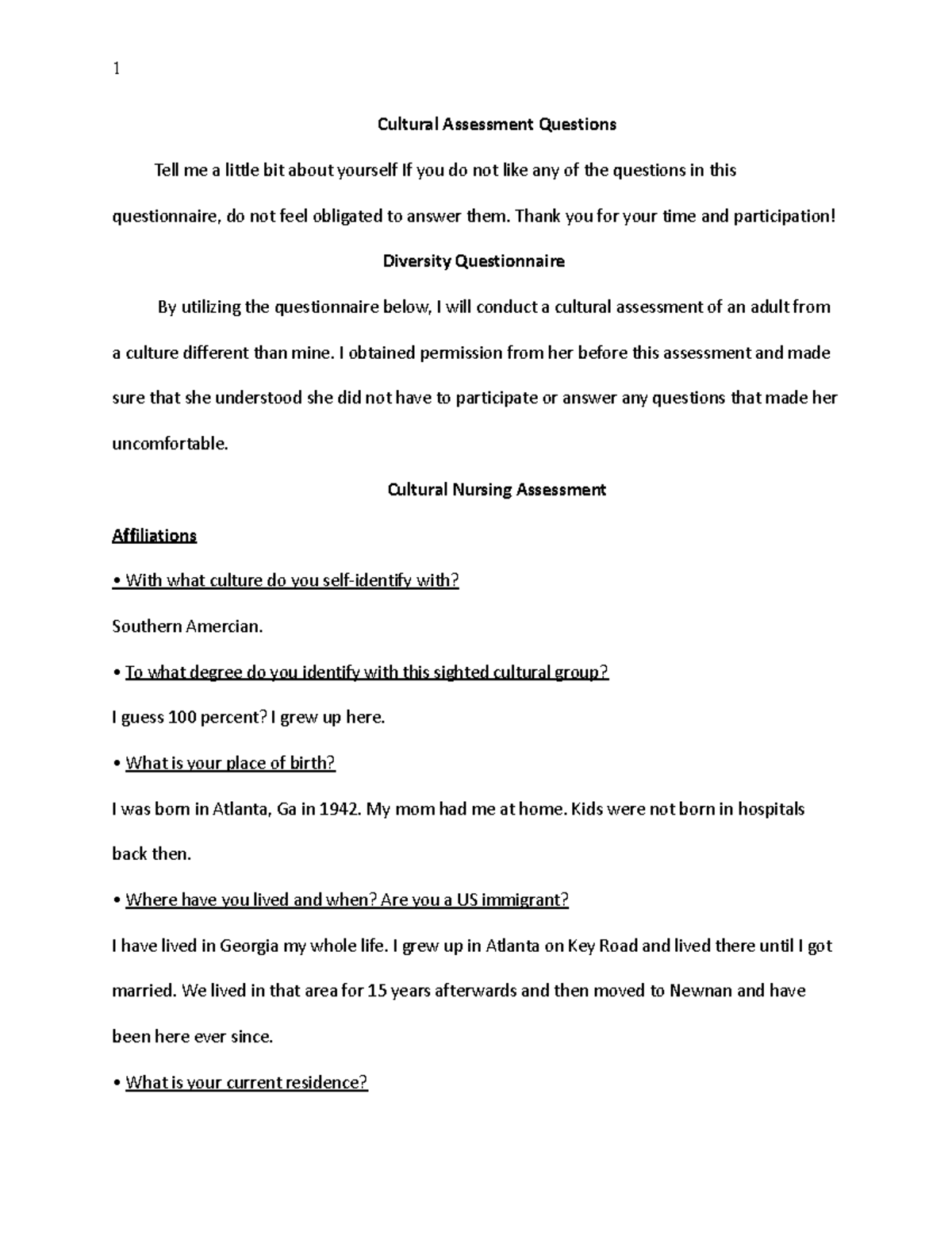 Cultural Assessment Paper - Cultural Assessment Questions Tell Me A ...