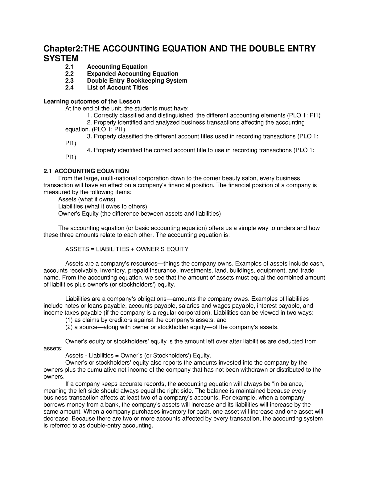 Chapter 2 - Accounting Notes - Chapter2:THE ACCOUNTING EQUATION AND THE ...