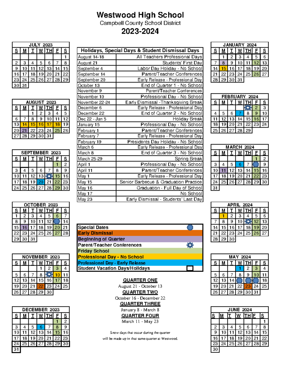 Westwood 2023-2024 Calendar - S M T W TH F S S M T W TH F S 1 August 14 ...