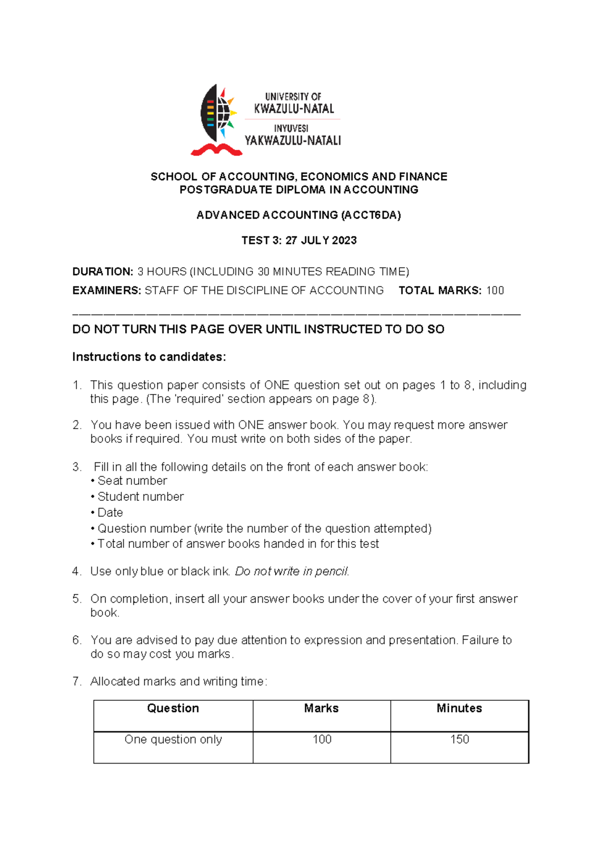 ACCT6DA TEST 3 2023 Question+ Required - SCHOOL OF ACCOUNTING ...