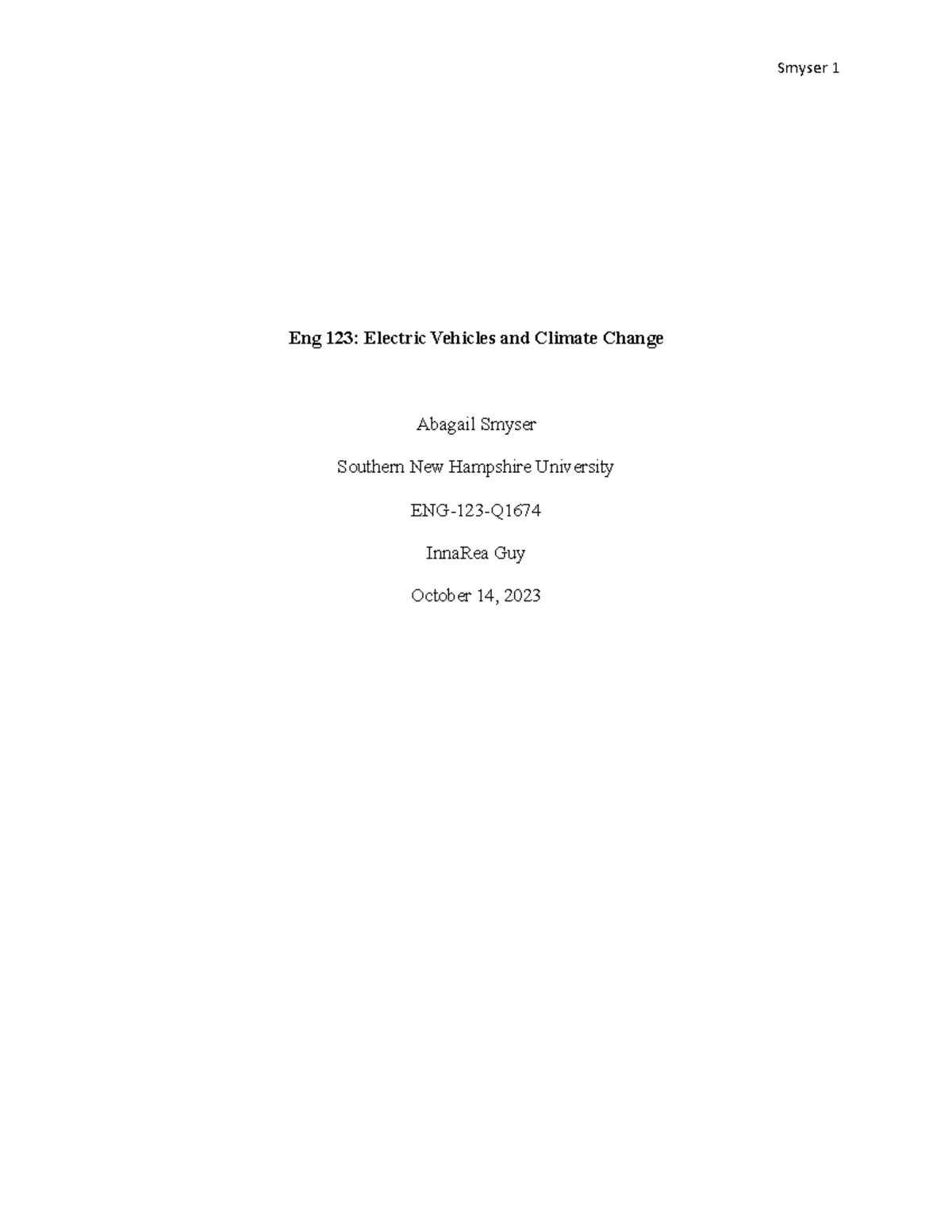 Persuasive Essay Eng 123 Electric Vehicles and Climate Change