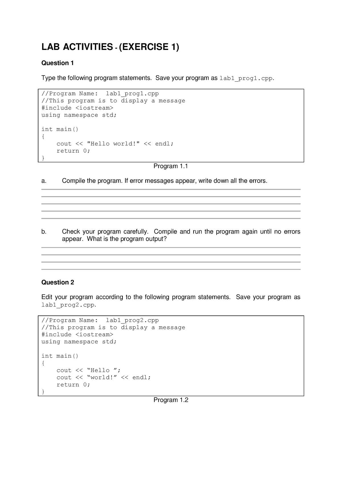 Lab Activities - Exercise 1 - LAB ACTIVITIES - (EXERCISE 1) Question 1 ...