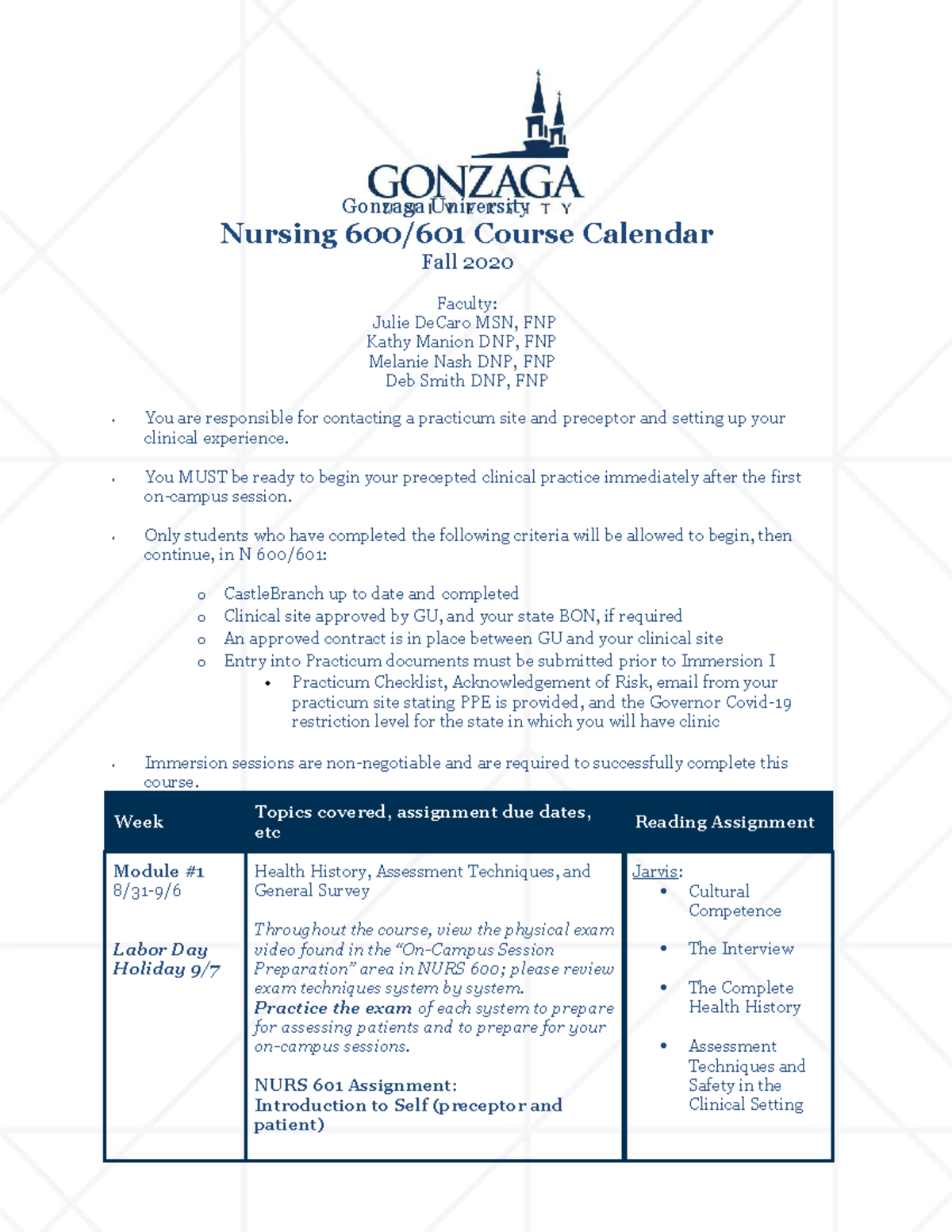 FA 2020 NURS 600 601 Calendar Gonzaga University Nursing 600/601