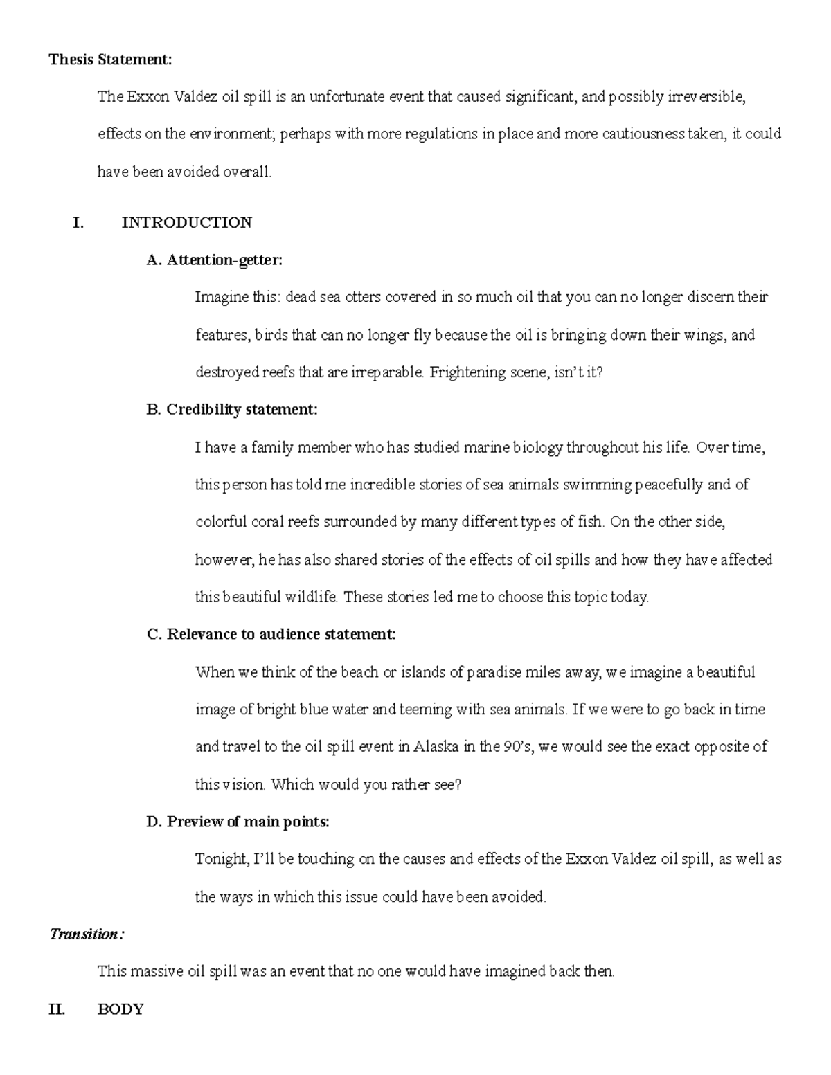 Crisis Speech Outline Speech - Thesis Statement: The Exxon Valdez oil ...