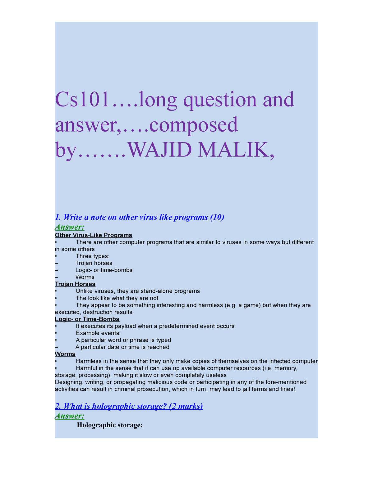 CS101 Midterm Subjective Papers With Reference By Wajid Malik - Cs101 ...