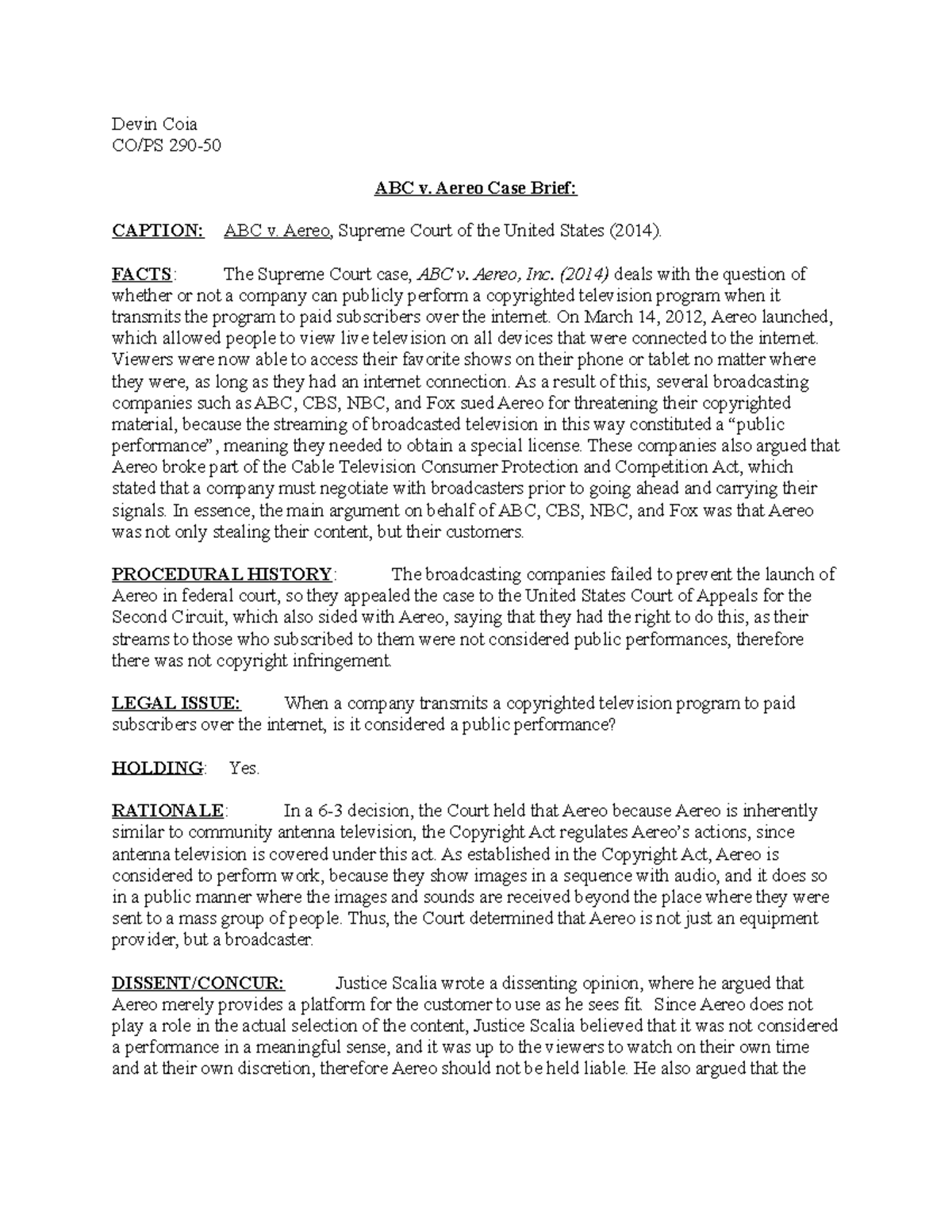 ABC v. Aereo Brief Devin Coia CO/PS 290 ABC v. Aereo Case Brief