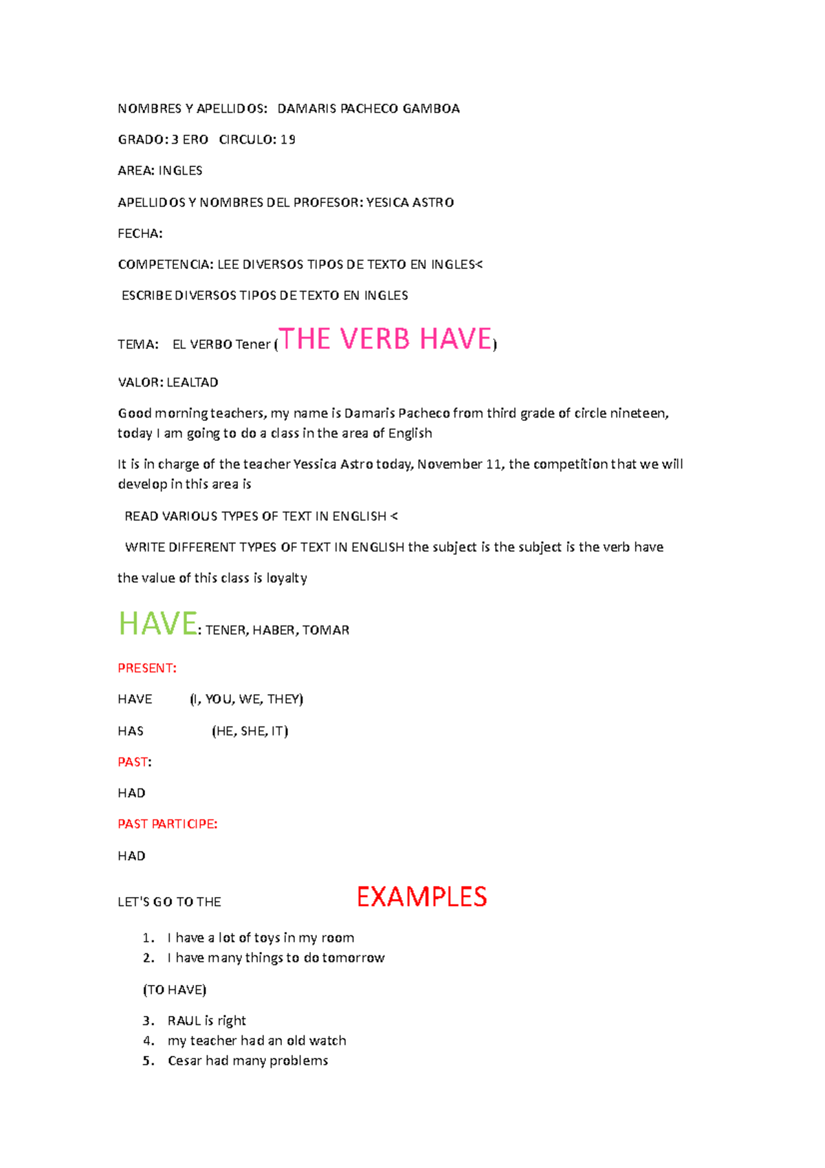 Ingles Examen NOMBRES Y APELLIDOS DAMARIS PACHECO GAMBOA GRADO 3