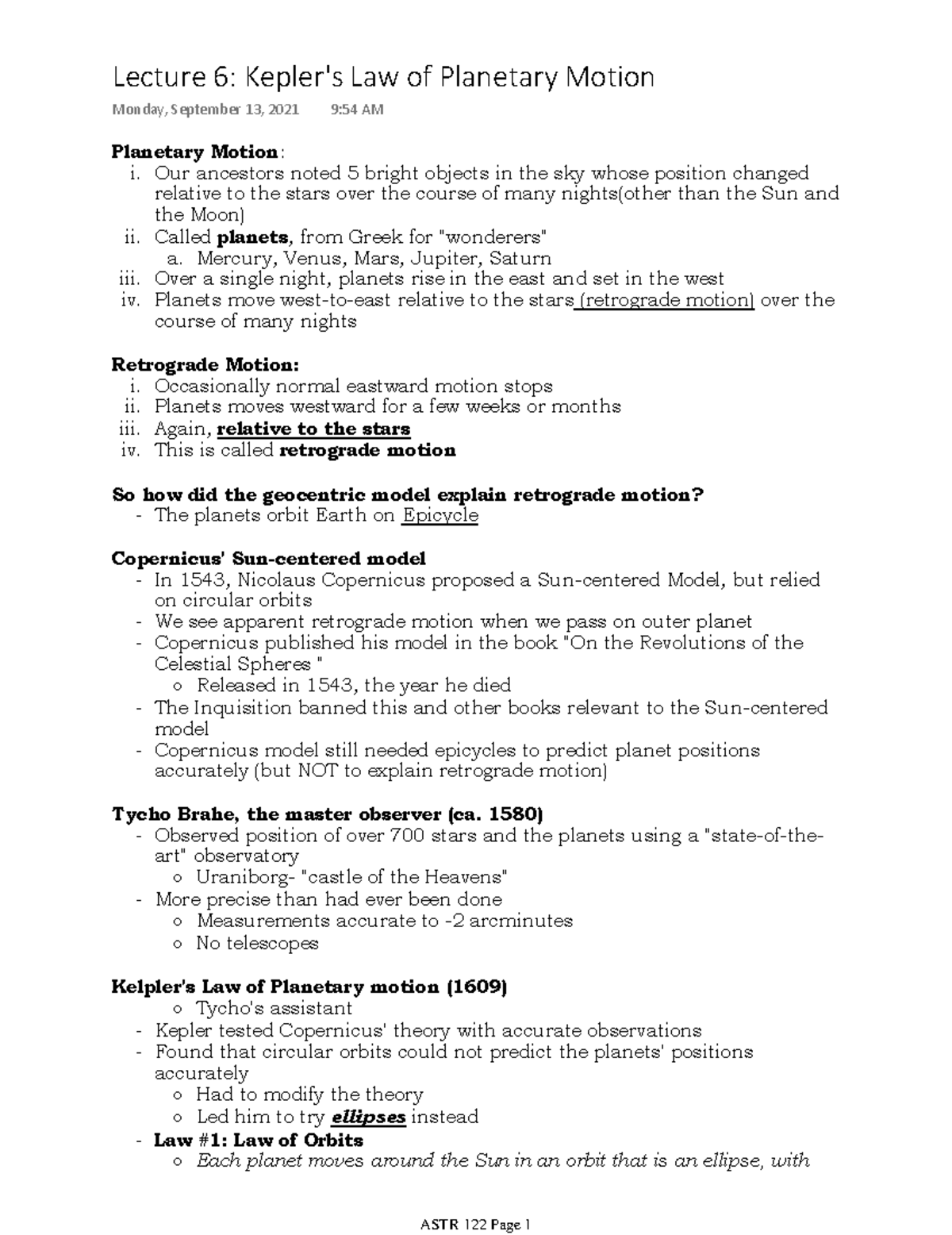 Kepler's Law of Motion Motion Our ancestors