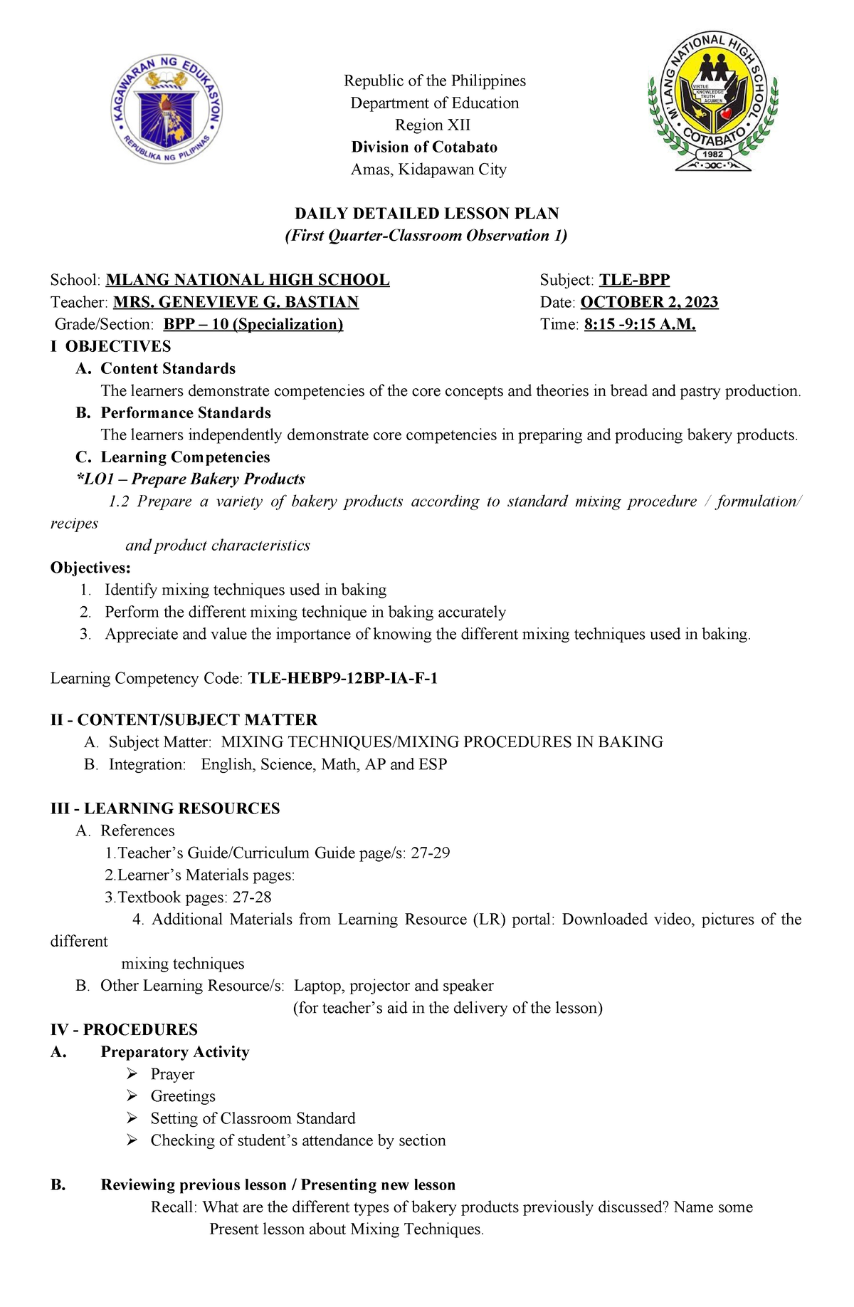 DLP-COT-1 -BPP 10 - Sample DLP for COT - Republic of the Philippines ...