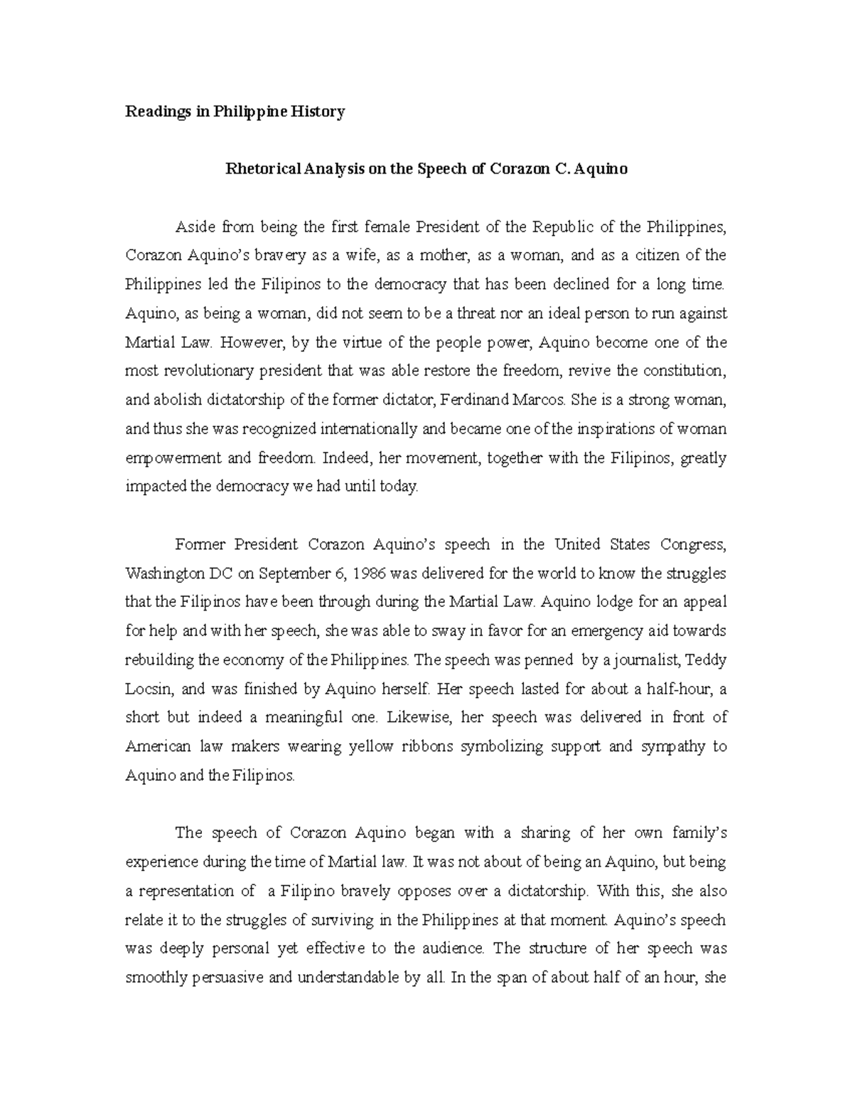 Readings in Philippine History Rhetorical Analysis on the Speech of ...