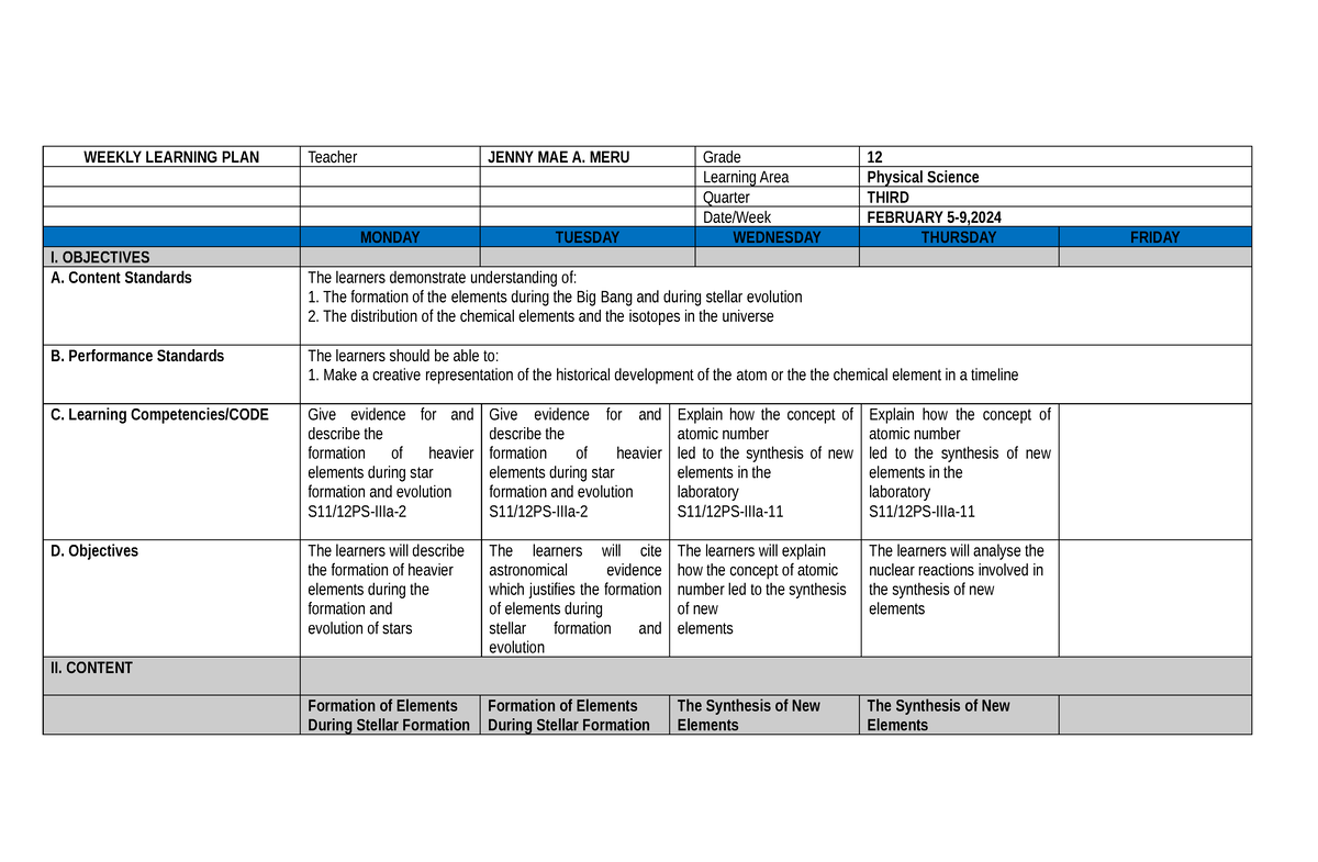 Physical Science DLP Q1W1 - WEEKLY LEARNING PLAN Teacher JENNY MAE A ...