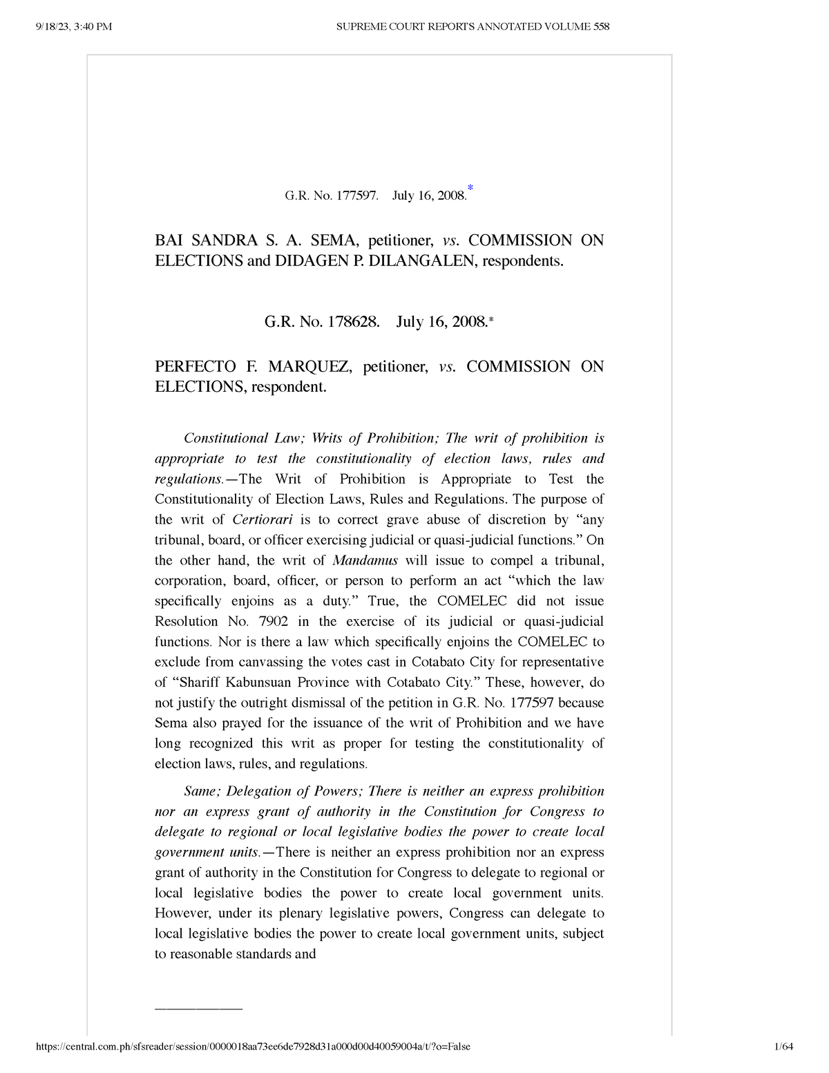 3. Sema-v-Comelec - 3. Sema-v-Comelec - G. No. 177597. July 16, 2008 ...