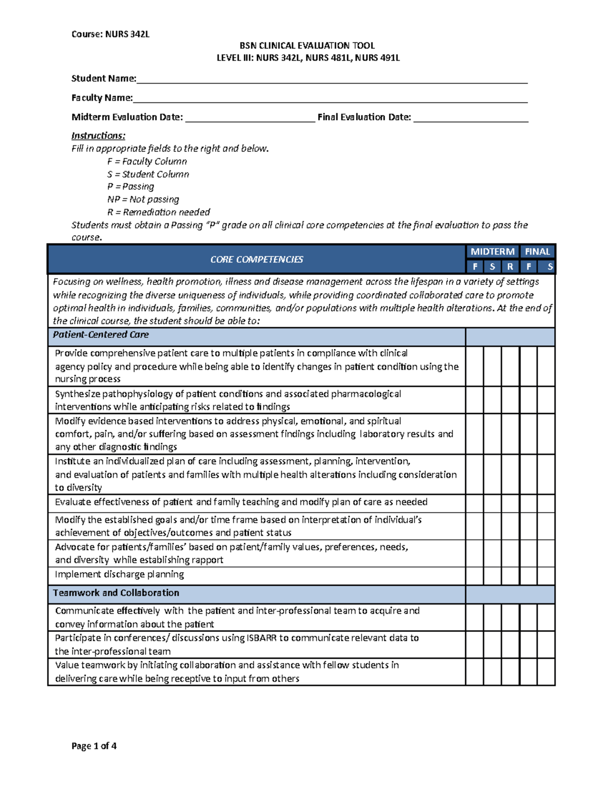 NURS 342L - BSN Clinical Evaluation Tool Level III - BSN CLINICAL ...