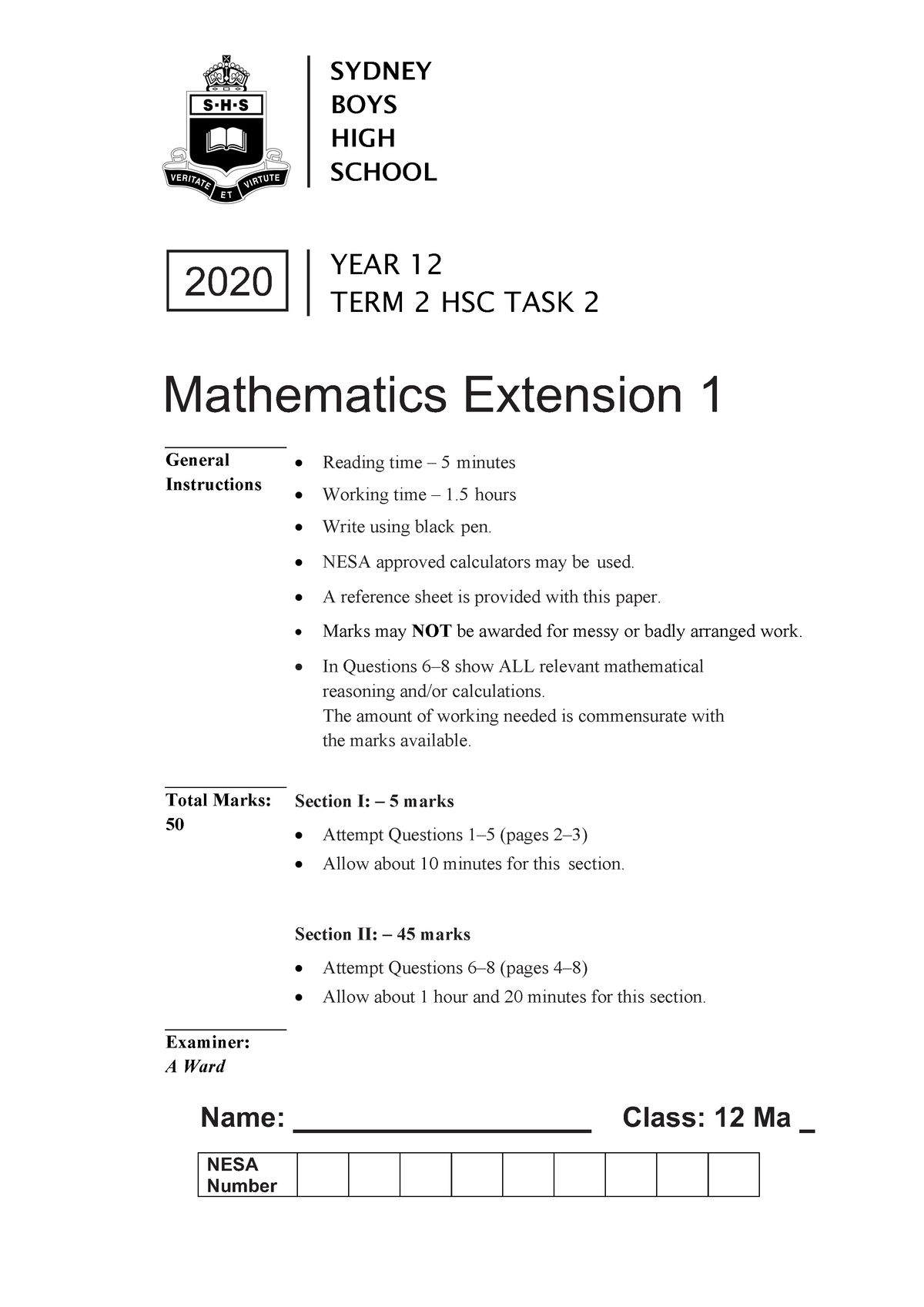 SBHS 2020 Y12 ME 1 Task 2 - paper - SYDNEY BOYS HIGH SCHOOL YEAR 12 ...