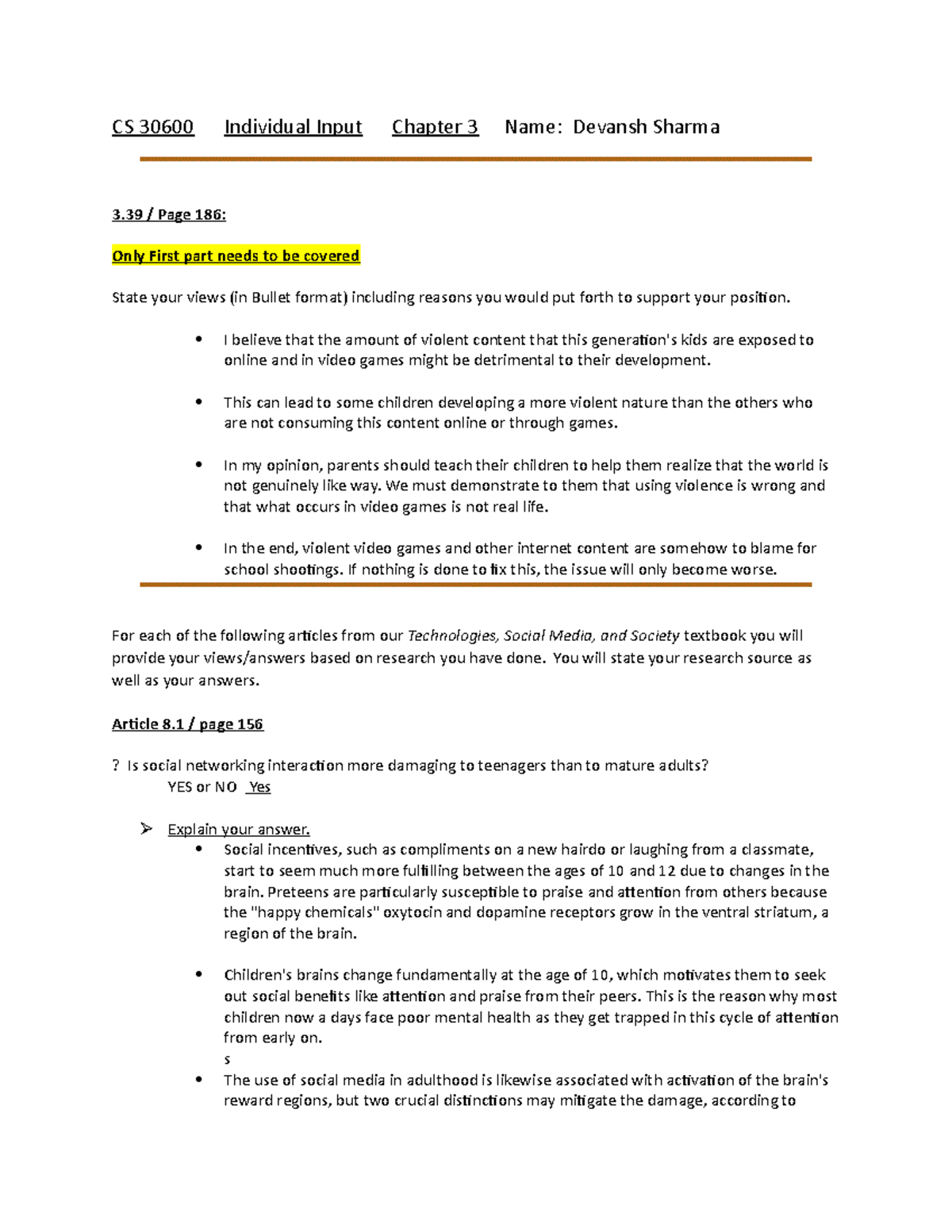 Chapter 3 Devansh - It is a class assignment - CS 30600 Individual ...