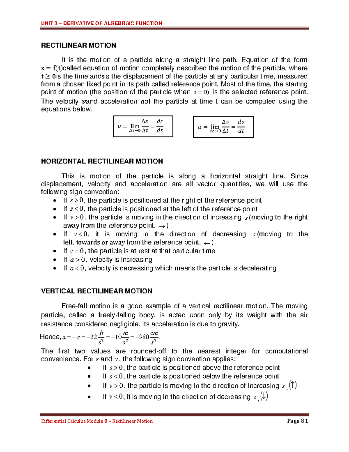 UNIT 3 Module 8 - Rectilinear Motion - RECTILINEAR MOTION It Is The ...