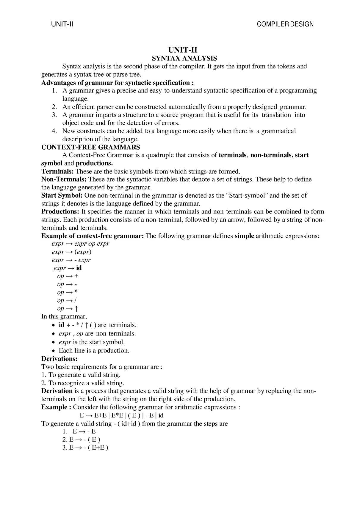 Cd-unit-ii - helpful notes - UNIT-II SYNTAX ANALYSIS Syntax analysis is ...