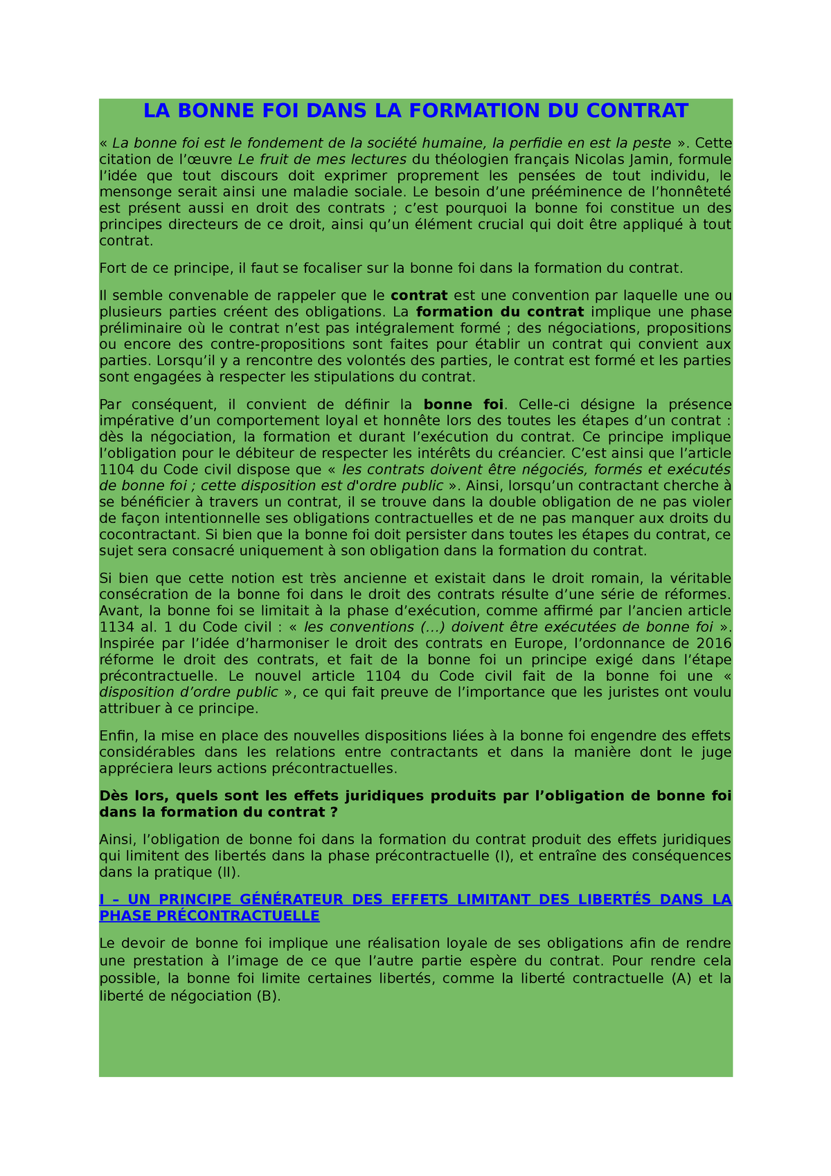 Bonne Foi Et Formation Du Contrat La Bonne Foi Dans La Formation Du Contrat La Bonne Foi Est 