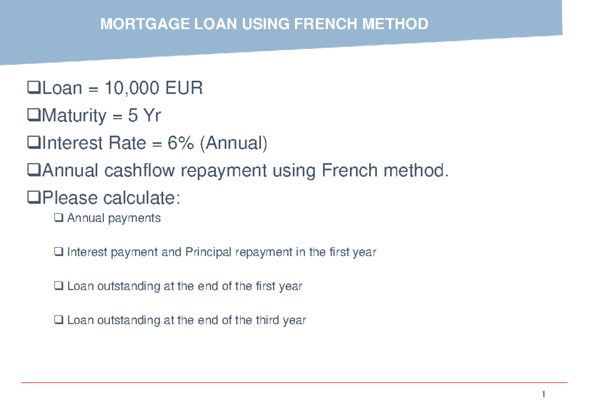5.Mortgage loan repayment using French method Loan = 10,000 EUR