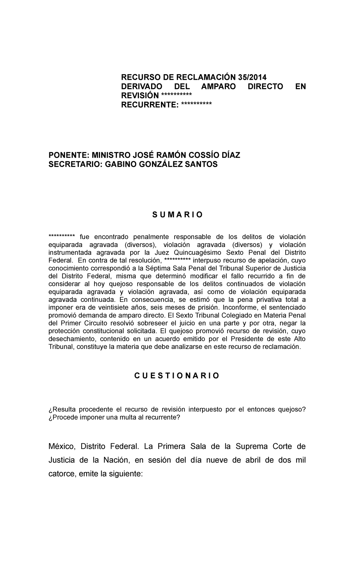 Amparo directo en revisión 35-2014 Bullying - DERIVADO DEL AMPARO DIRECTO  EN REVISIÓN ********** - Studocu