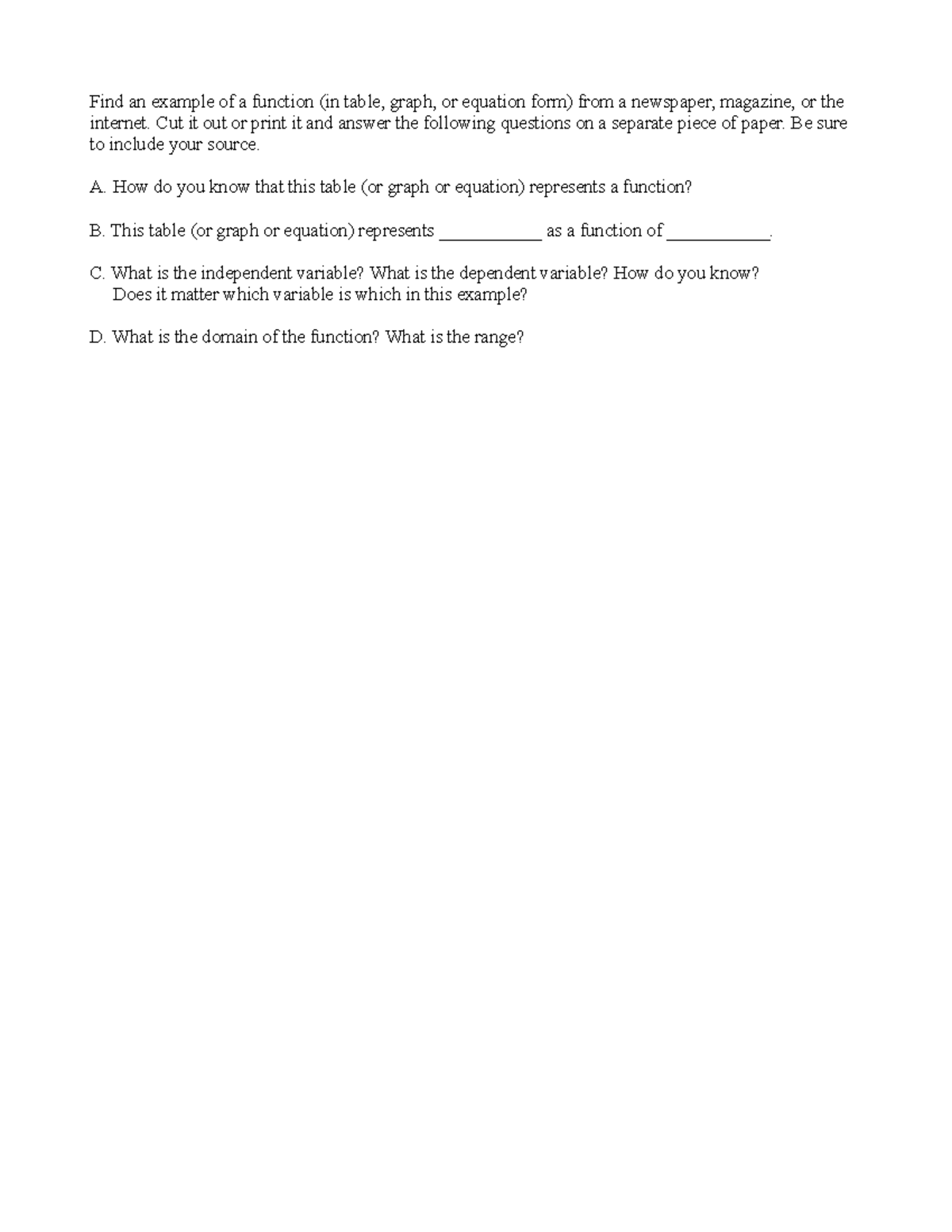 Real Life - Notes - Find an example of a function (in table, graph, or ...