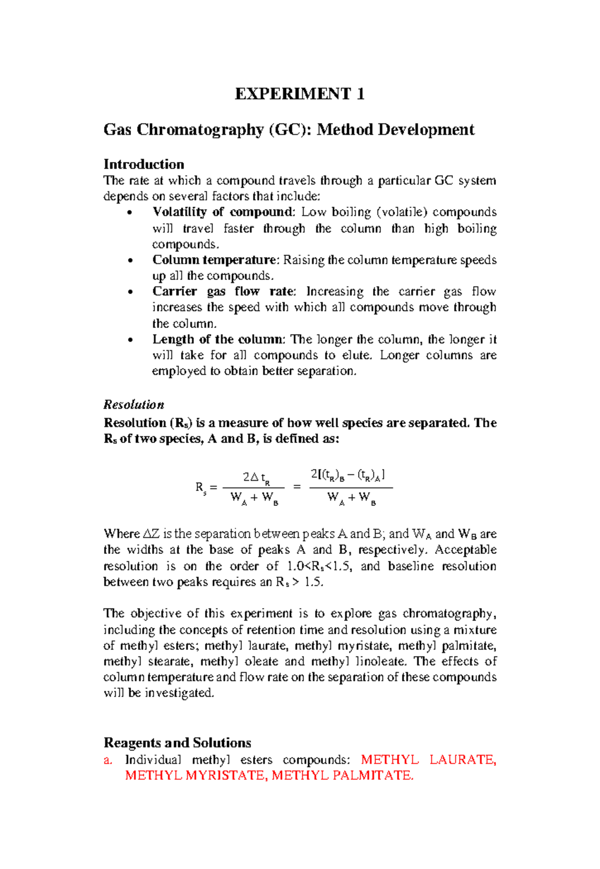CHM510 Experiment 1 EXPERIMENT 1 Gas Chromatography (GC) Method