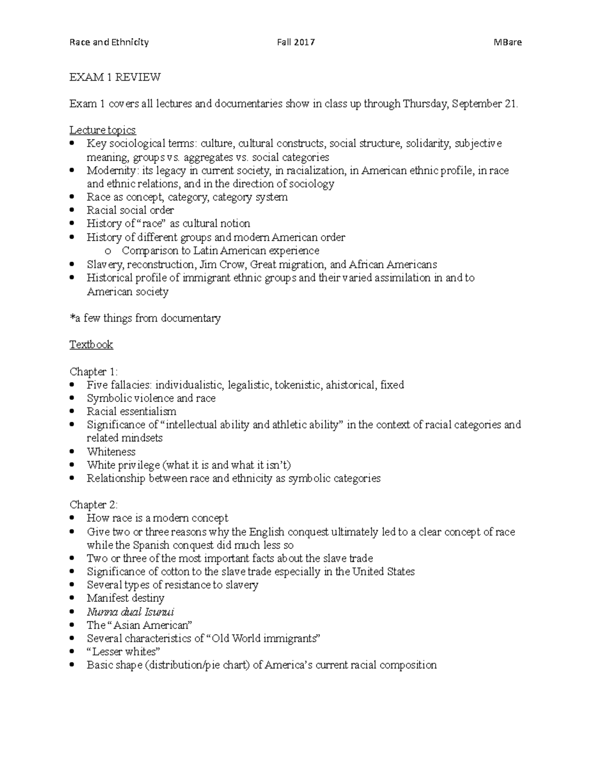 Race Exam 1 Review - race and ethnicity study guide for exam - Race and ...
