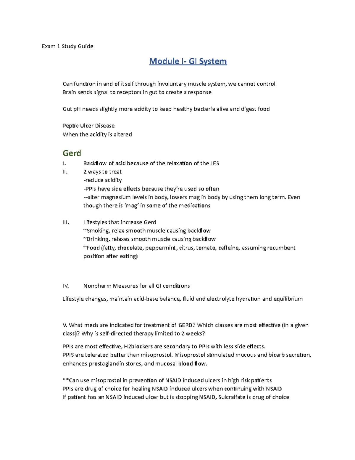 Exam 1 Study Guide - Review for Test - Exam 1 Study Guide Module I- GI ...
