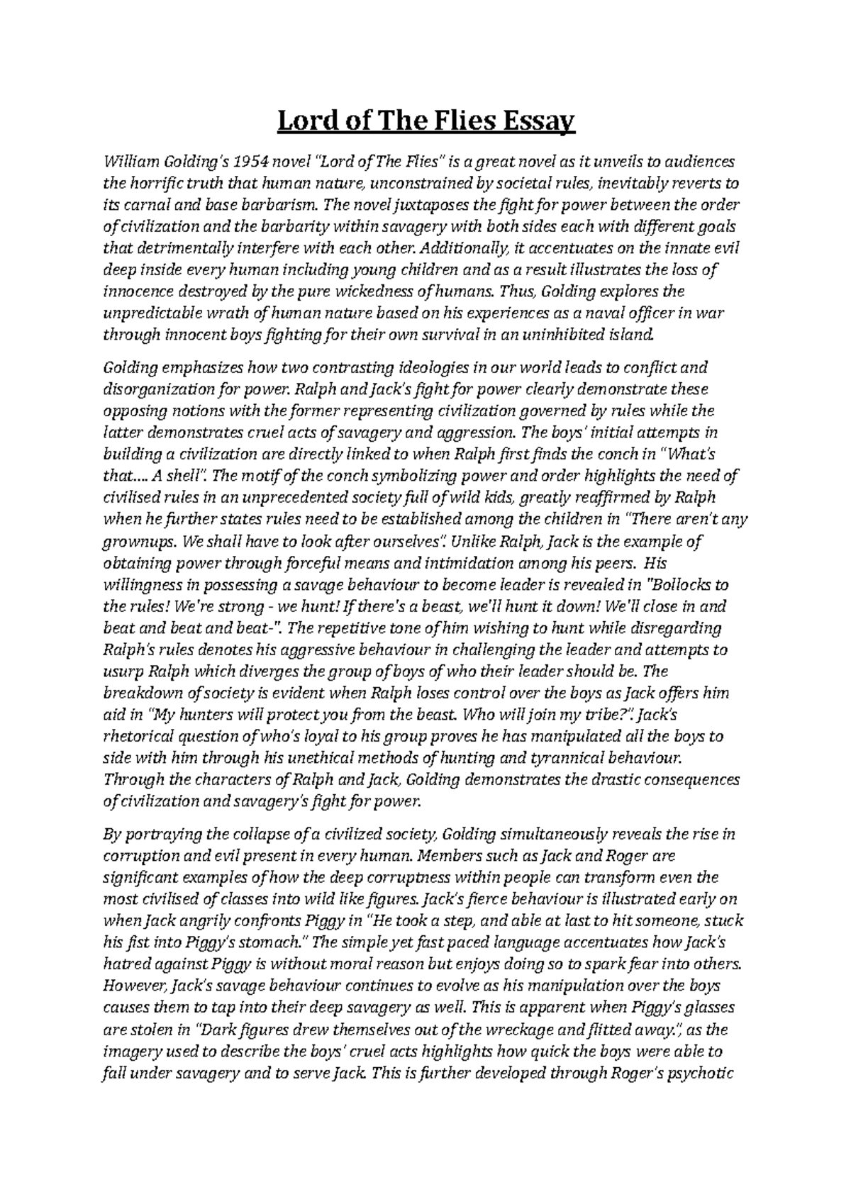 Lord of The Flies Essay v2 - Lord of The Flies Essay William Golding’s ...