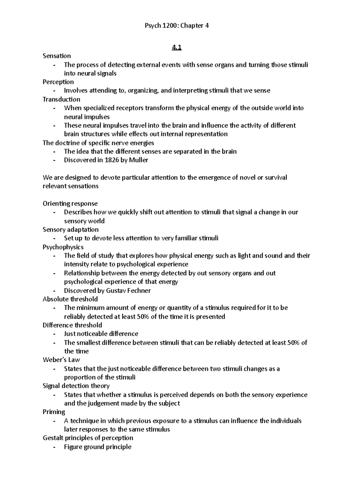 Chapter 4 Notes - With Caroline W - Psych 1200: Chapter 4 4 Sensation ...