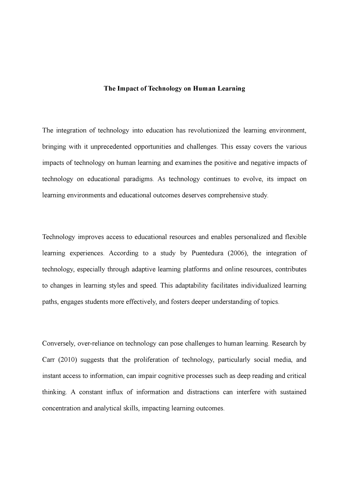 the impact of technology on human learning essay 300 words