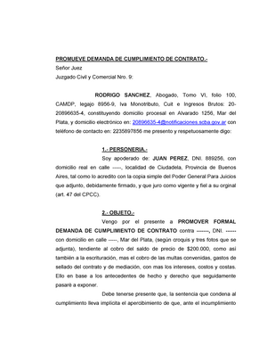 Demanda cumplimiento de contrato (modelo) - PROMUEVE DEMANDA DE  CUMPLIMIENTO DE  Señor - Studocu