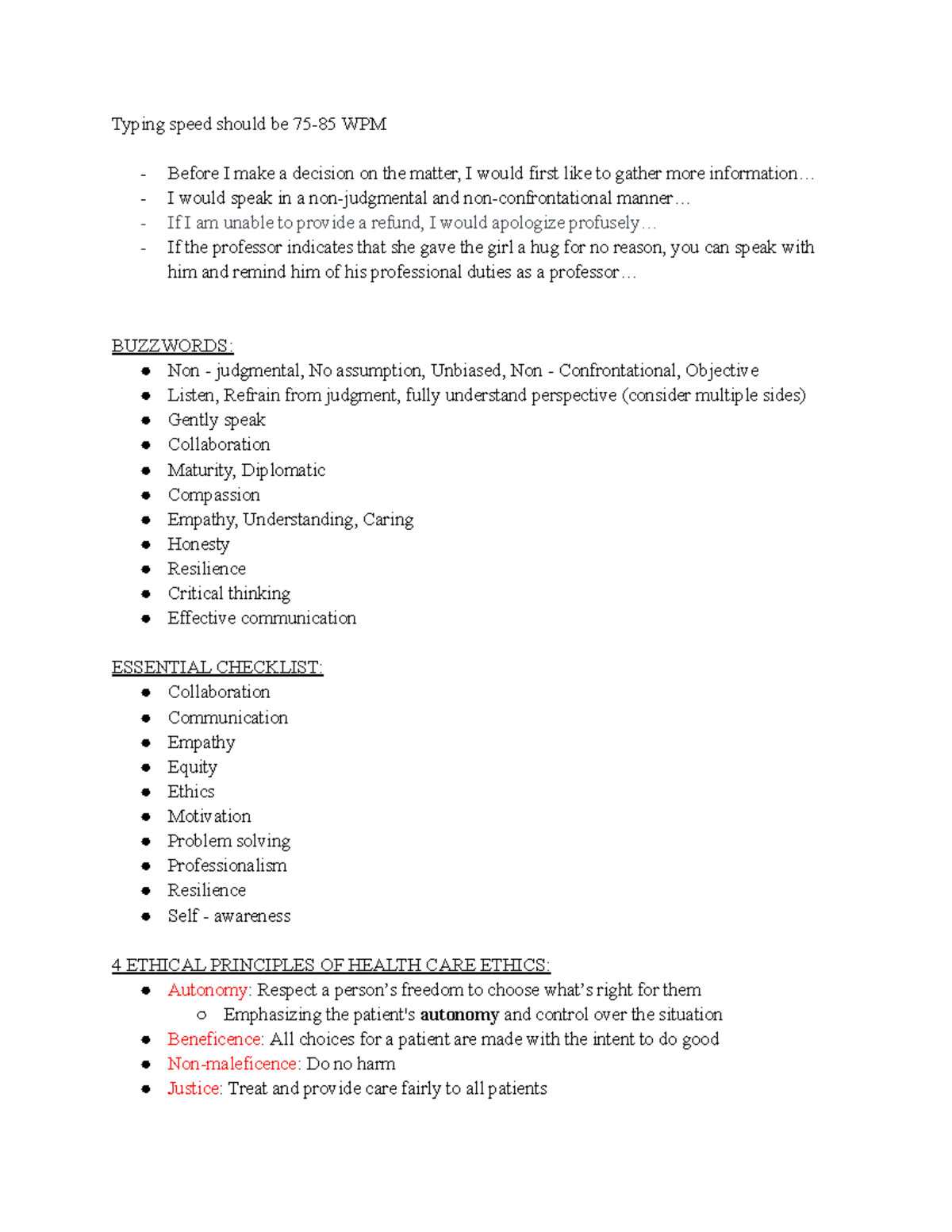 Casper Notes - Summary Foundations of Nursing I - Typing speed should ...
