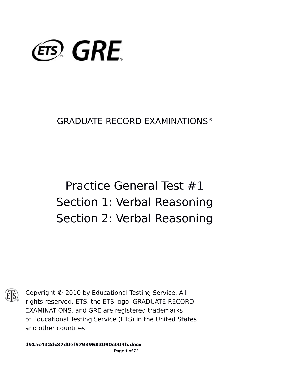 Gre Practice Test 1 Verbal - GRADUATE RECORD EXAMINATIONS® Practice ...