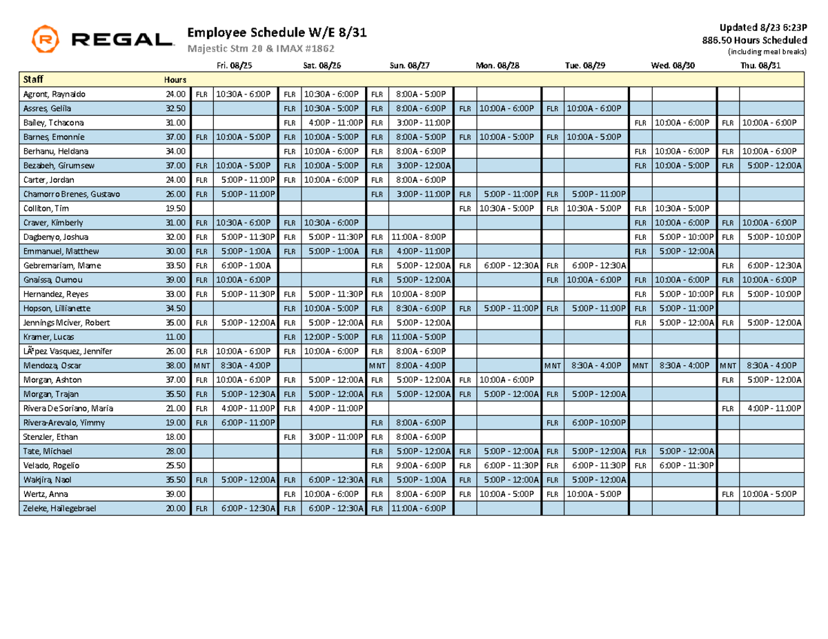 Weekly 35 Employee Schedule 08-25 to 08-31-23 - Fri. 08/25 Sat. 08/26 ...