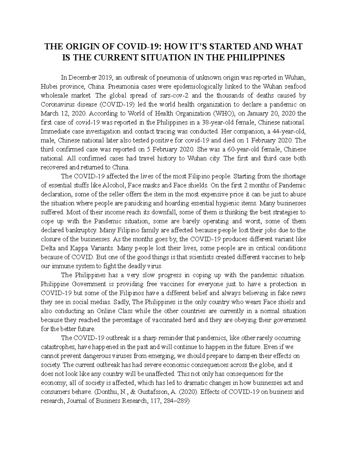 Position Paper for COVID 19 - THE ORIGIN OF COVID-19: HOW IT’S STARTED ...