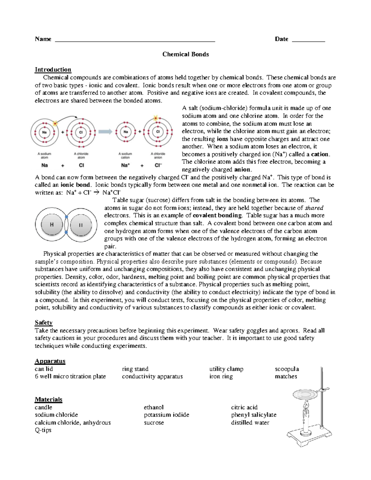 (C1) Chemical Bond Lab - Pre-AP Chemistry - Name