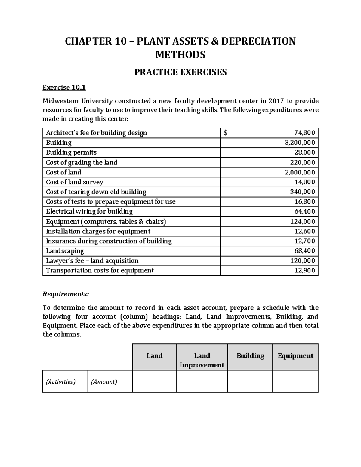 CH10 Practice Exercise - CHAPTER 10 – PLANT ASSETS & DEPRECIATION ...