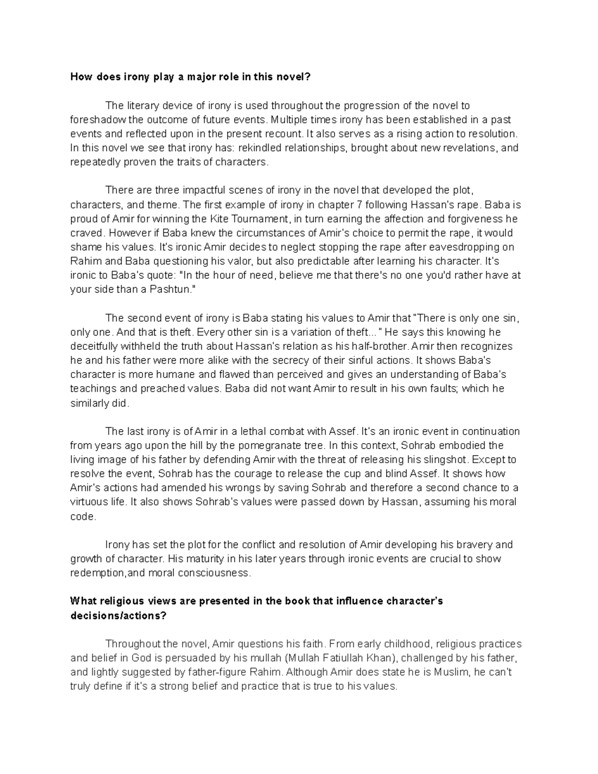 Kite Runner ISP Notes How does irony play a major role in this