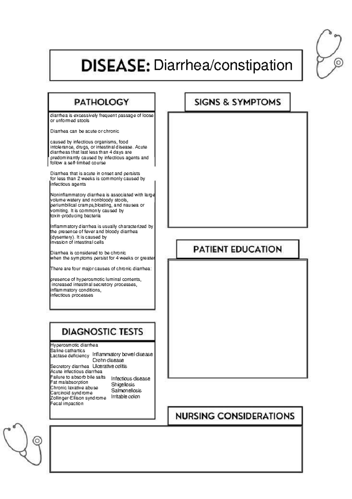 Diarrhea - Disease formats for assignments - Diarrhea/constipation ...