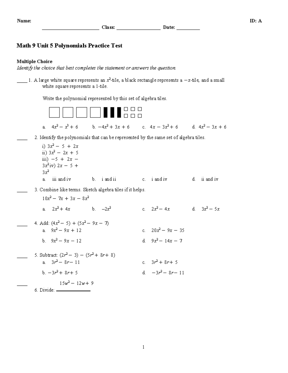 Practice Test - Name: ID: A ______________________ Class ...