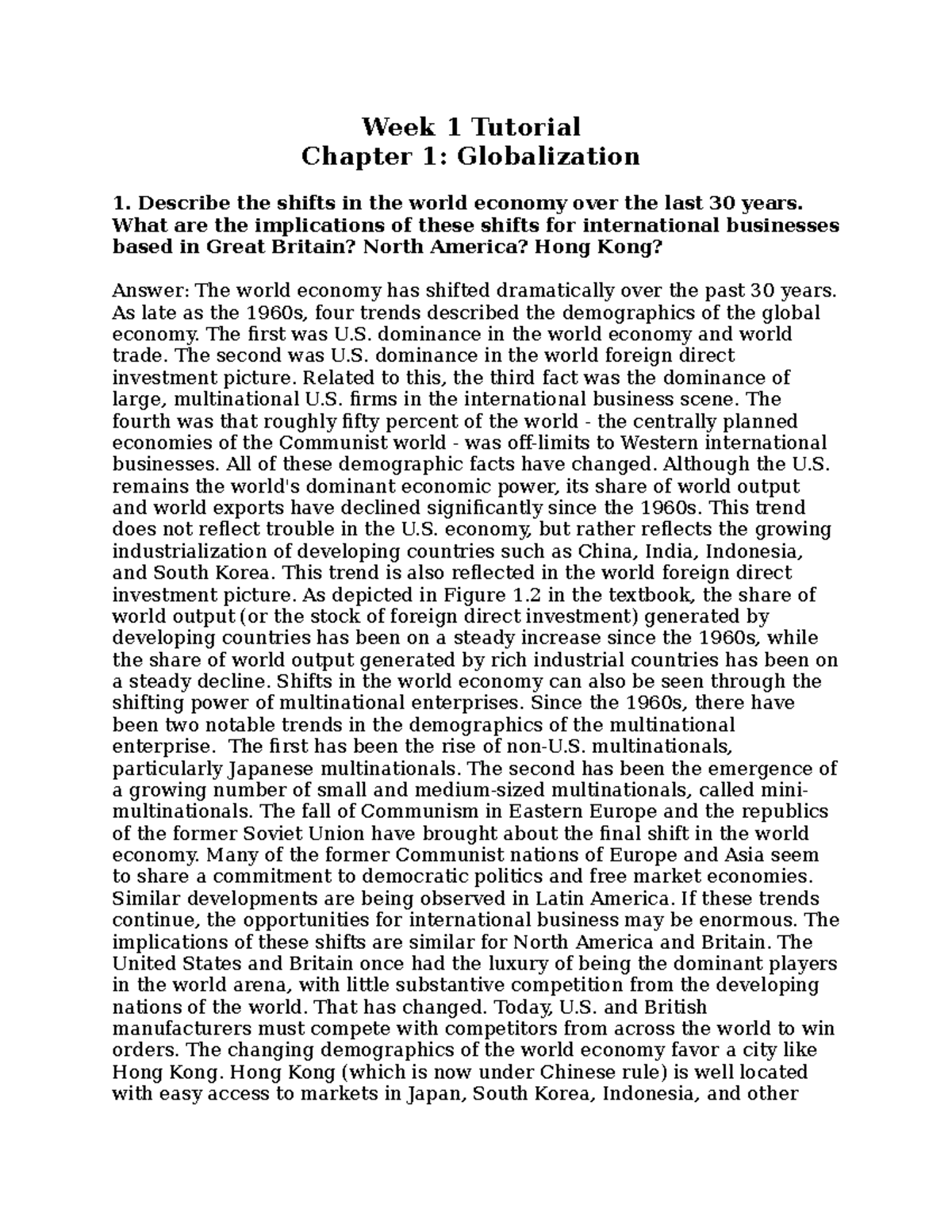 Week 1 Tutotial Globalization - Week 1 Tutorial Chapter 1 ...