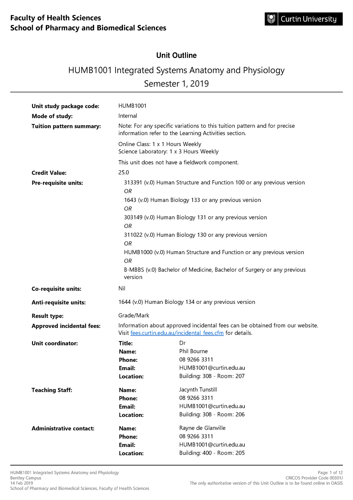 Humb1001 Integrated Systems Anatomy And Physiology Semester