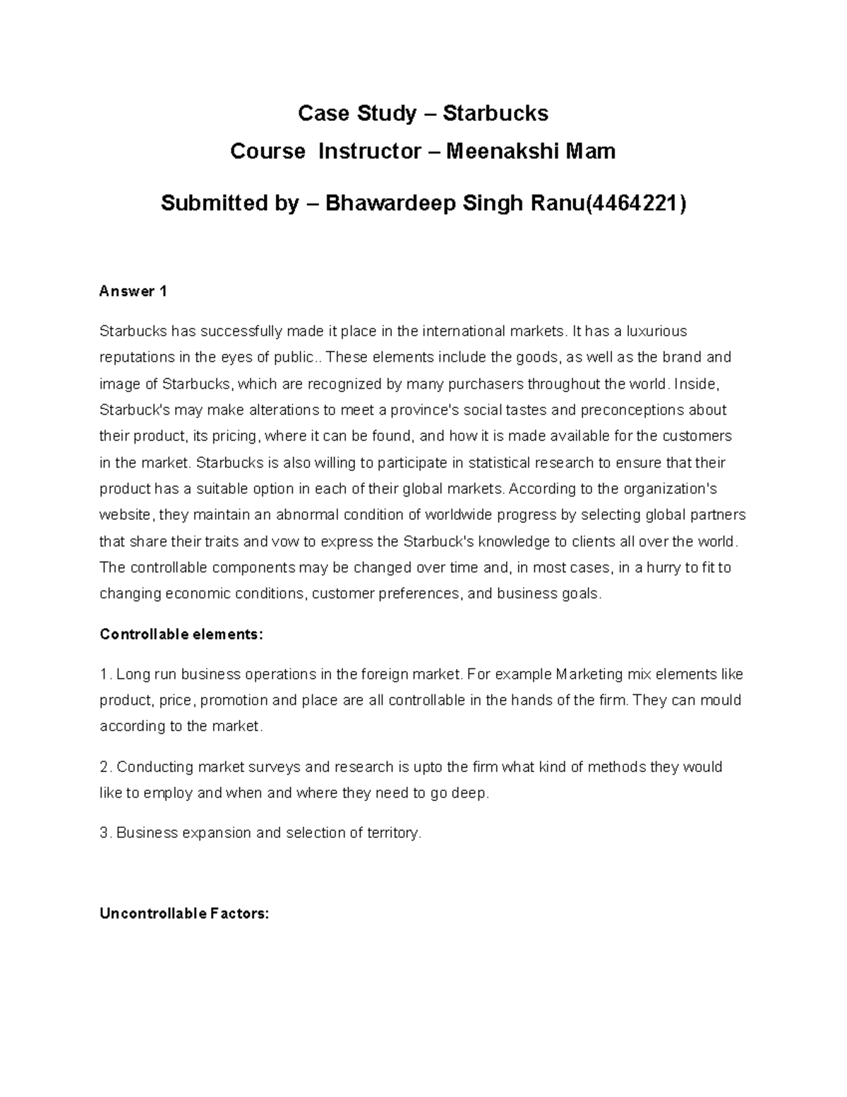 Starbucks Assignment - based on personal experience and teacher's ...